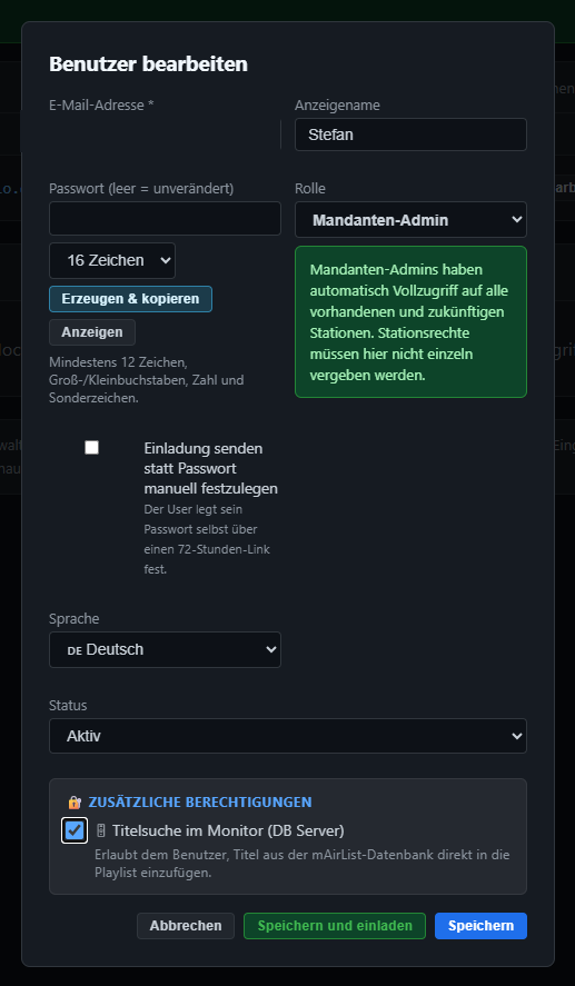 Formular zum Bearbeiten eines Benutzers