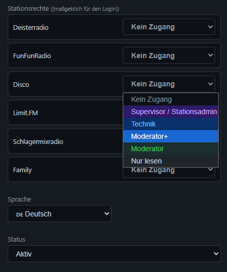 Stationsrechte je Station im Dropdown