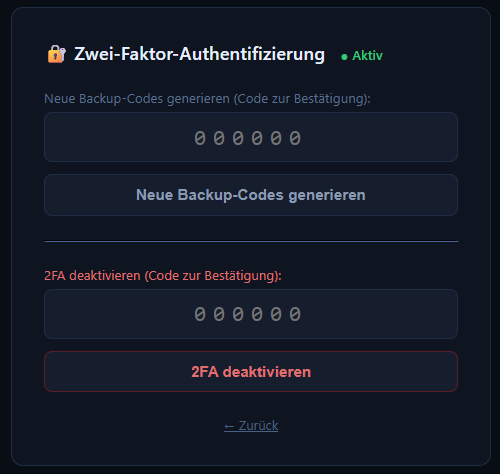 Verwaltung von 2FA und Backup-Codes