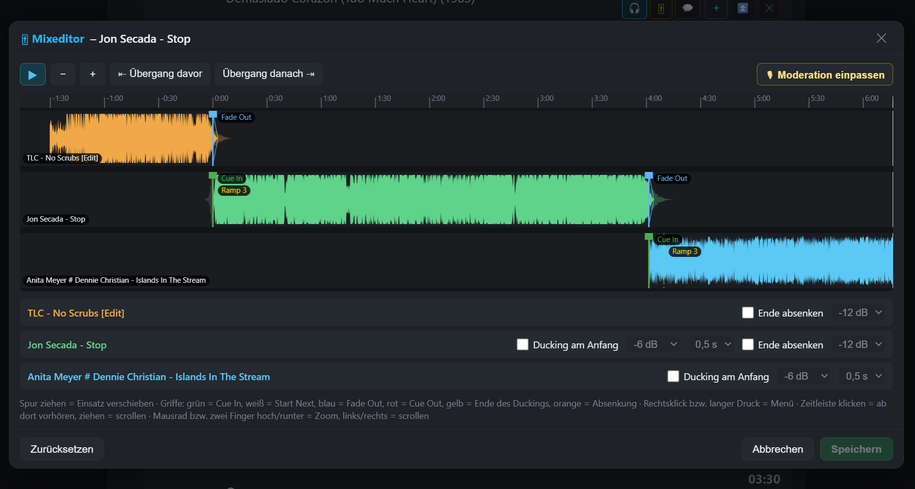 Mixeditor mit drei Spuren: Vorgänger, bearbeiteter Titel und Nachfolger