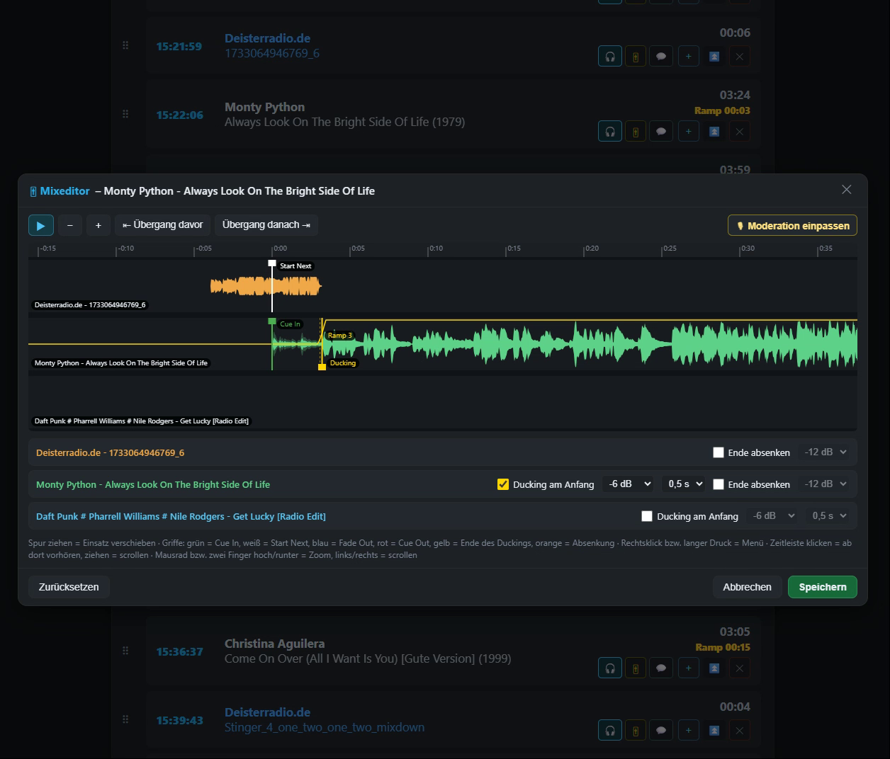 Mixeditor mit aktivem Ducking am Titelanfang