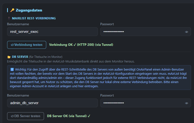 Zugangsdaten für REST- und DB-Server